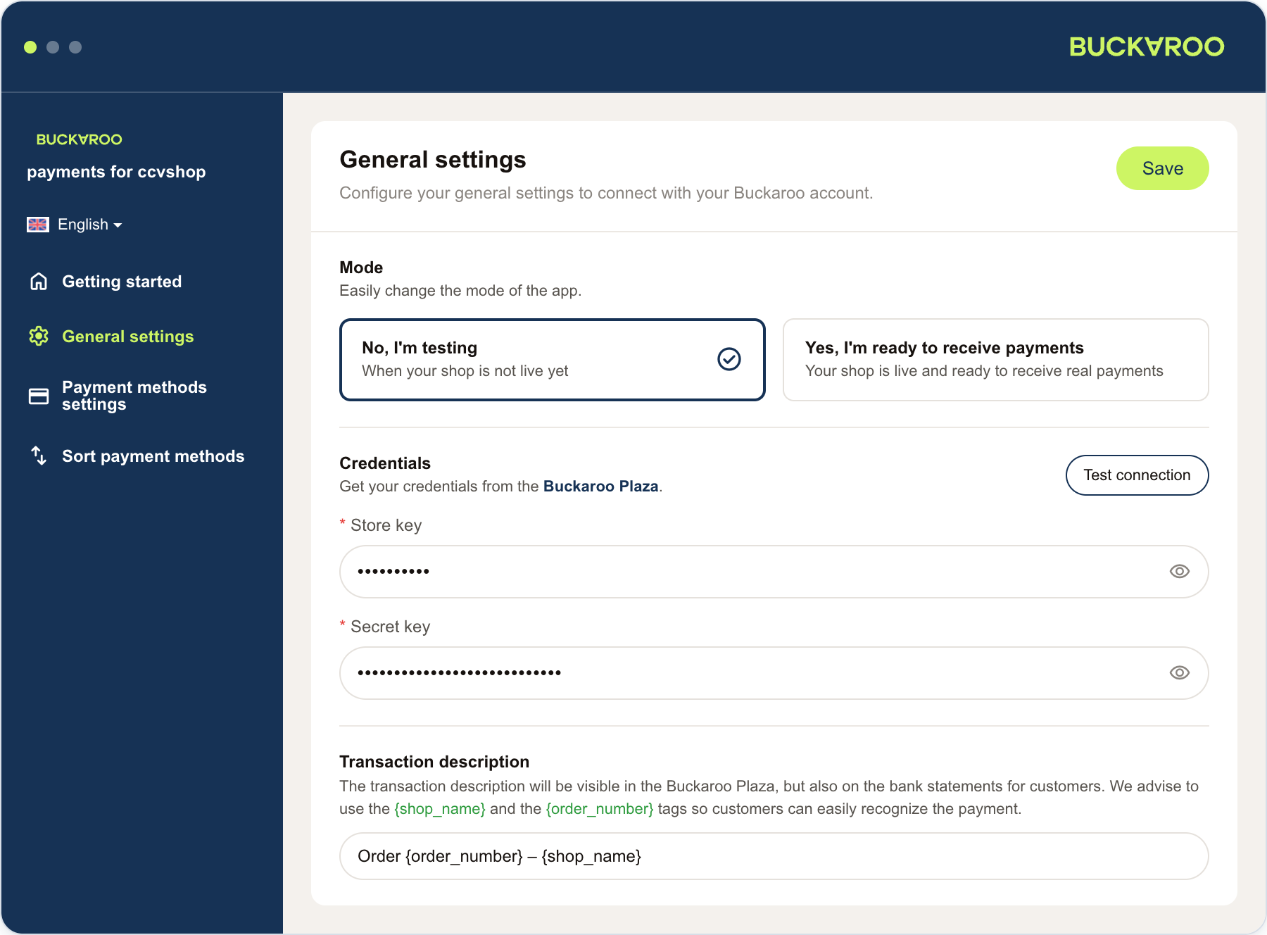 Buckaroo app settings for CCV Shop