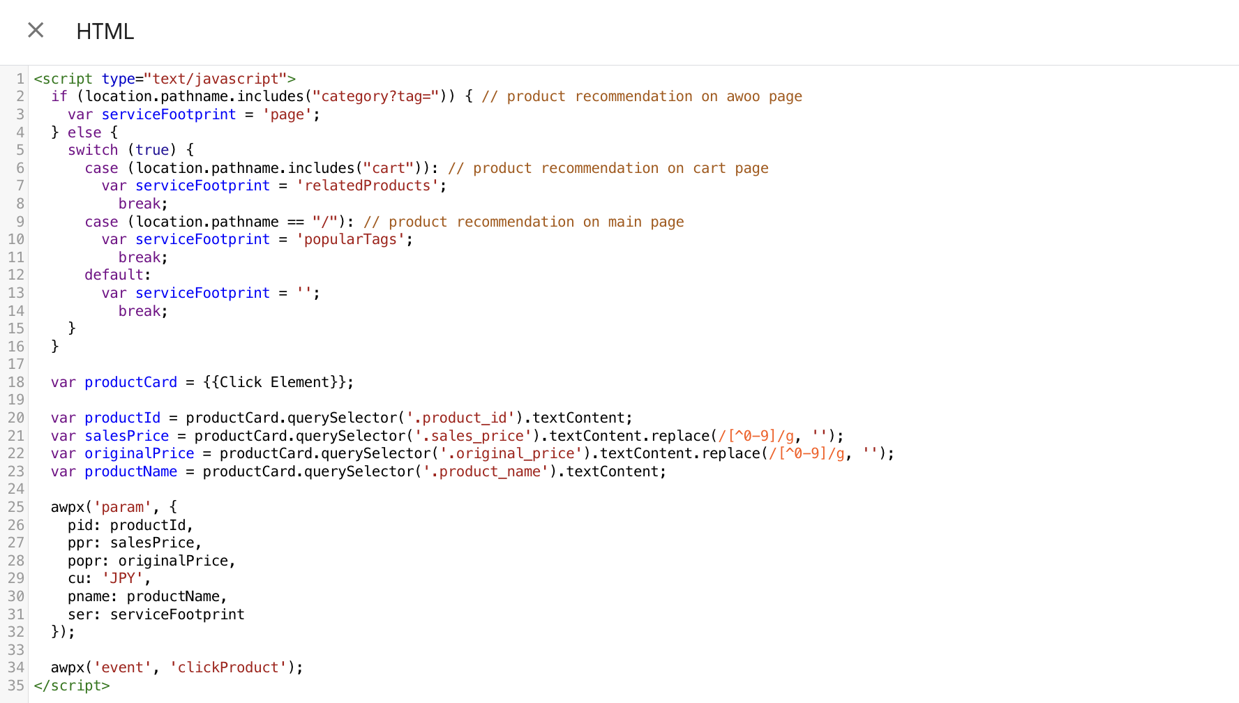 a sample implementation of clickProduct as a custom HTML on GTM
