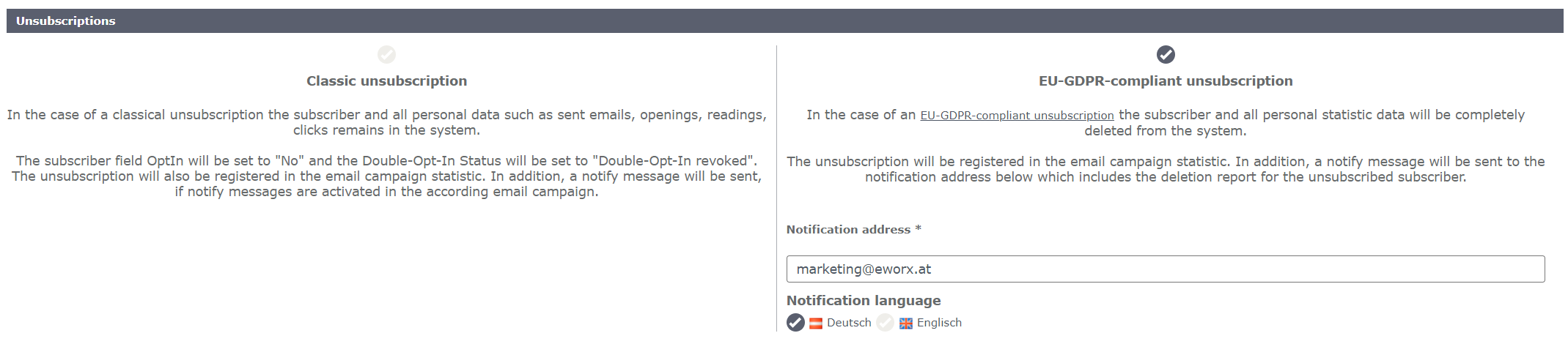 Unsubscription options Unsubscription options