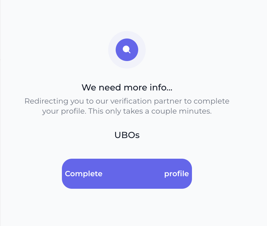 Example of what the Merchant sees when UBOs need to complete verification.