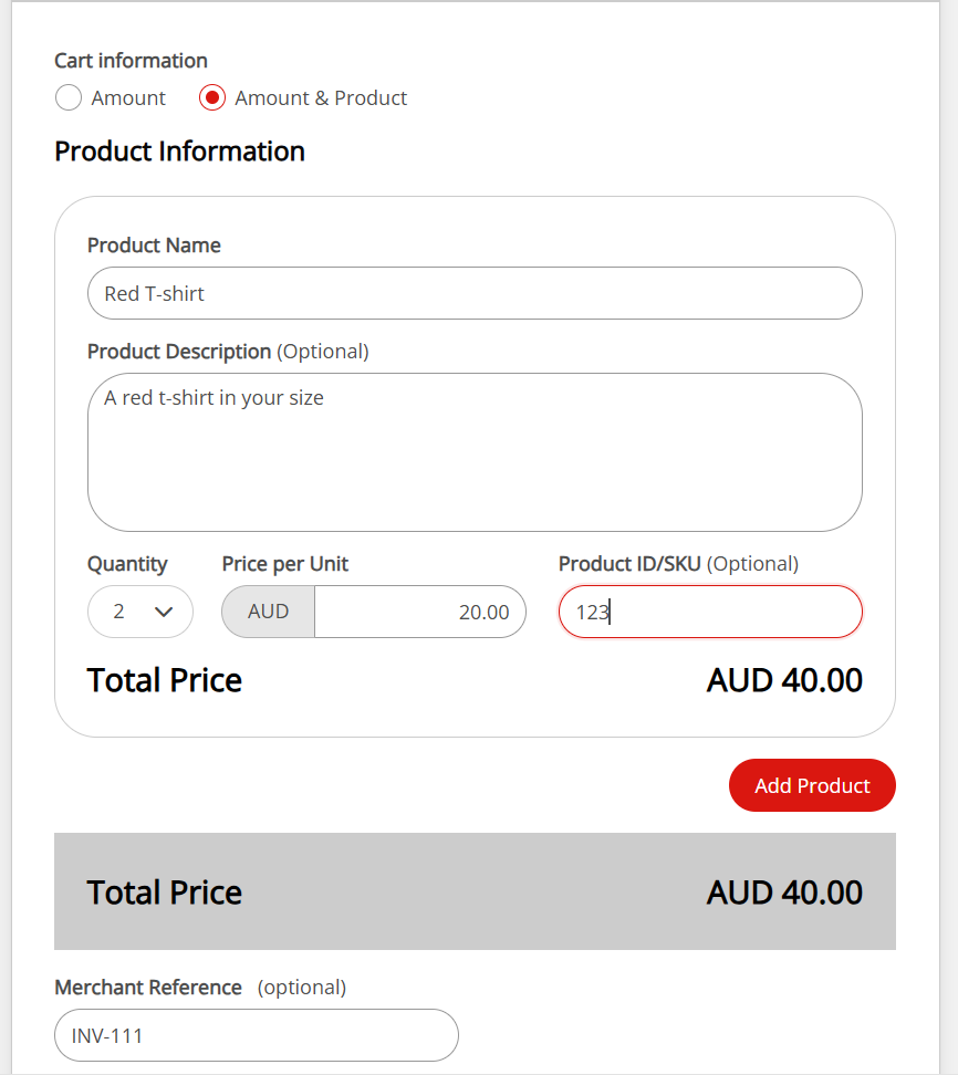 Amount and product/item list