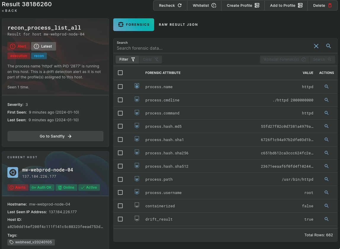 Screenshot of a results detail view showing a new process recon drift alert.