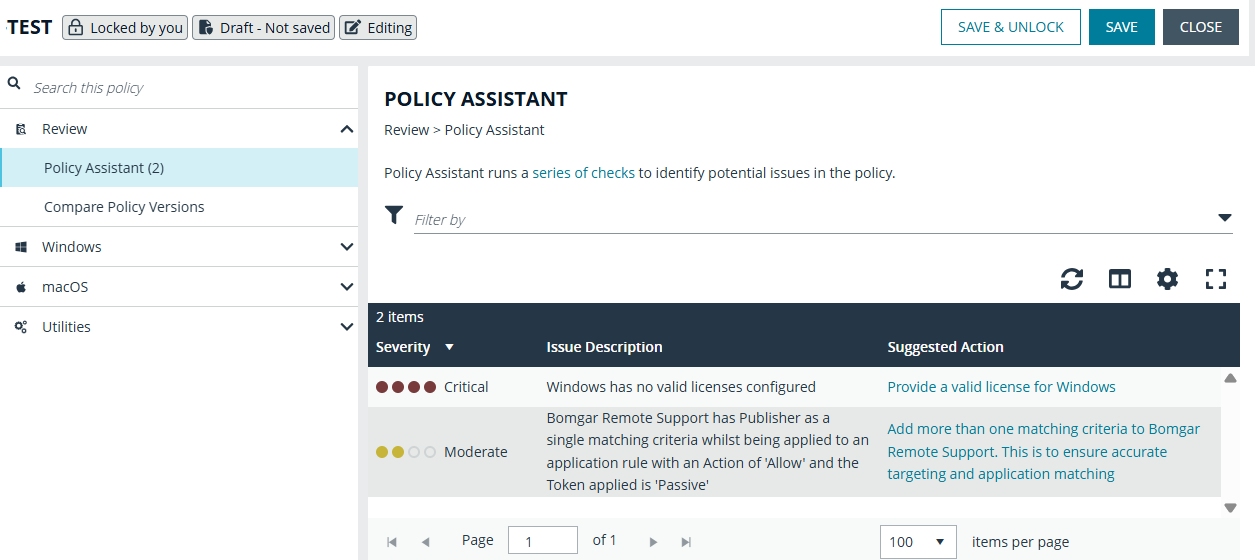Policy Assistant in the EPM Policy Editor