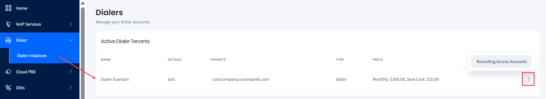 Screenshot of the Recording Access Accounts option