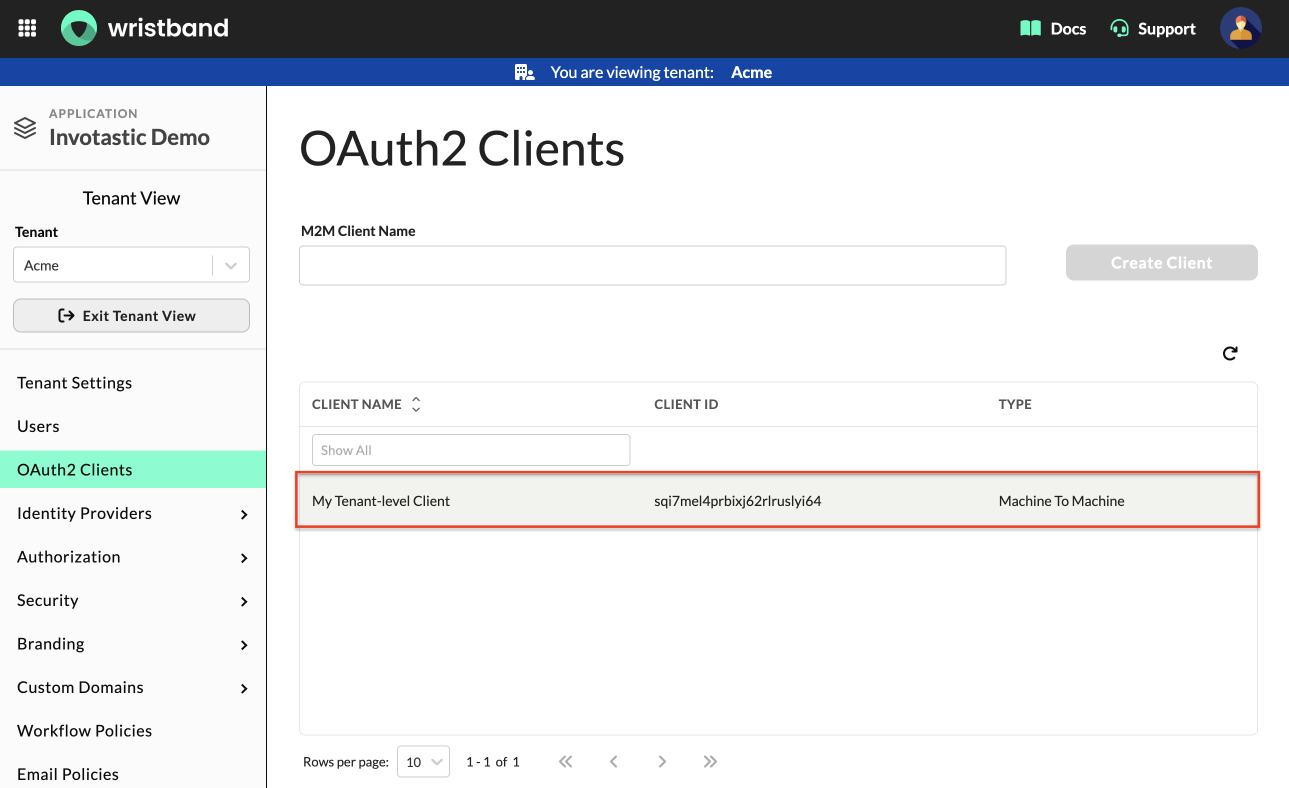 OAuth2 Clients table in Tenant View showing a list of clients to select for editing.