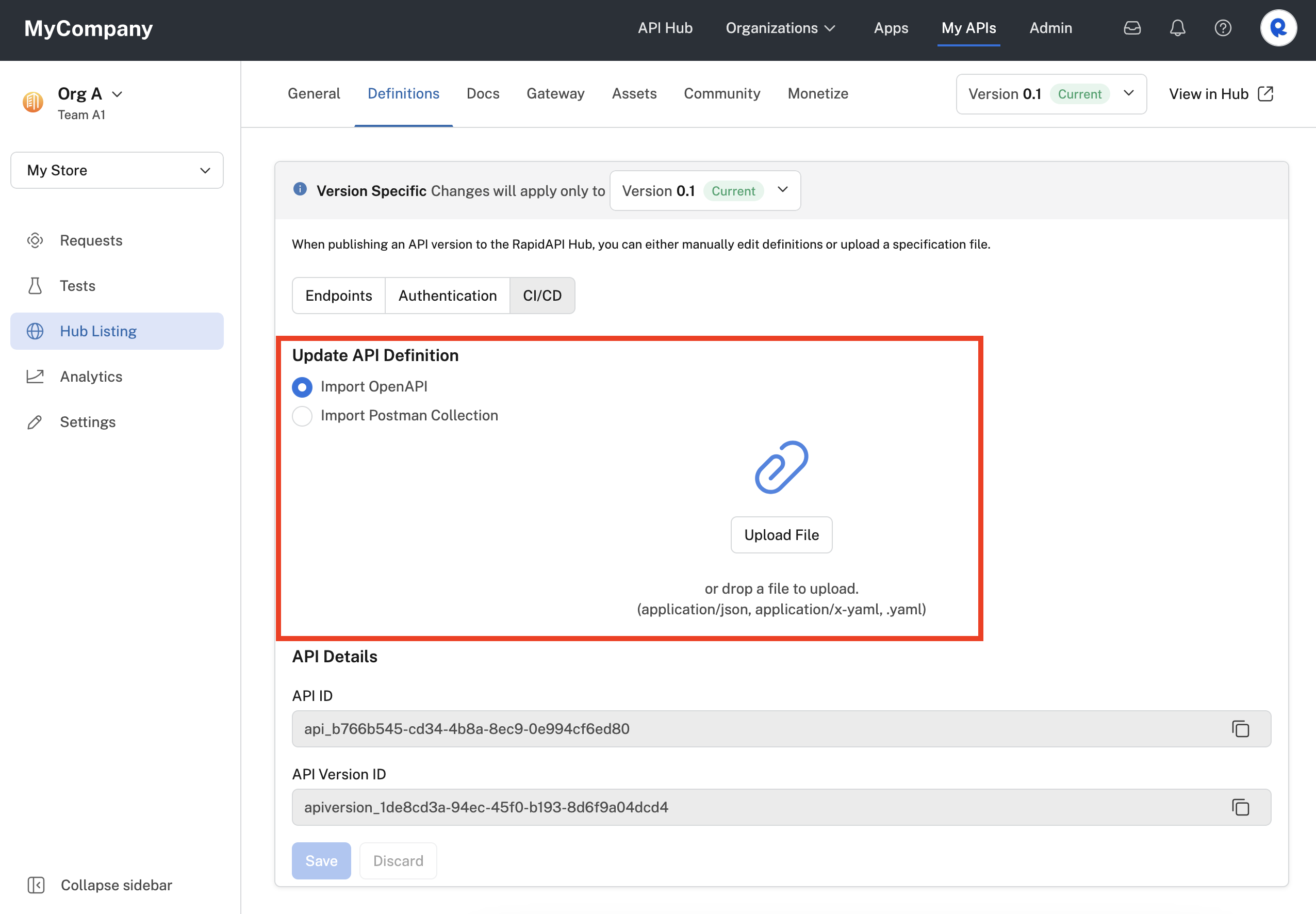 Updating the API by uploading an OpenAPI document or Postman Collection.