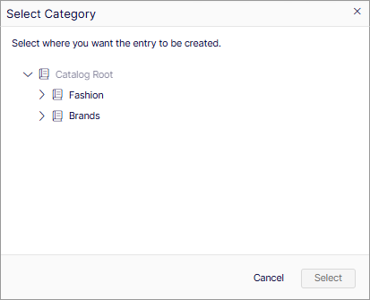 Screenshot of the Select Category window in Optimizely Commerce Connect catalog management.