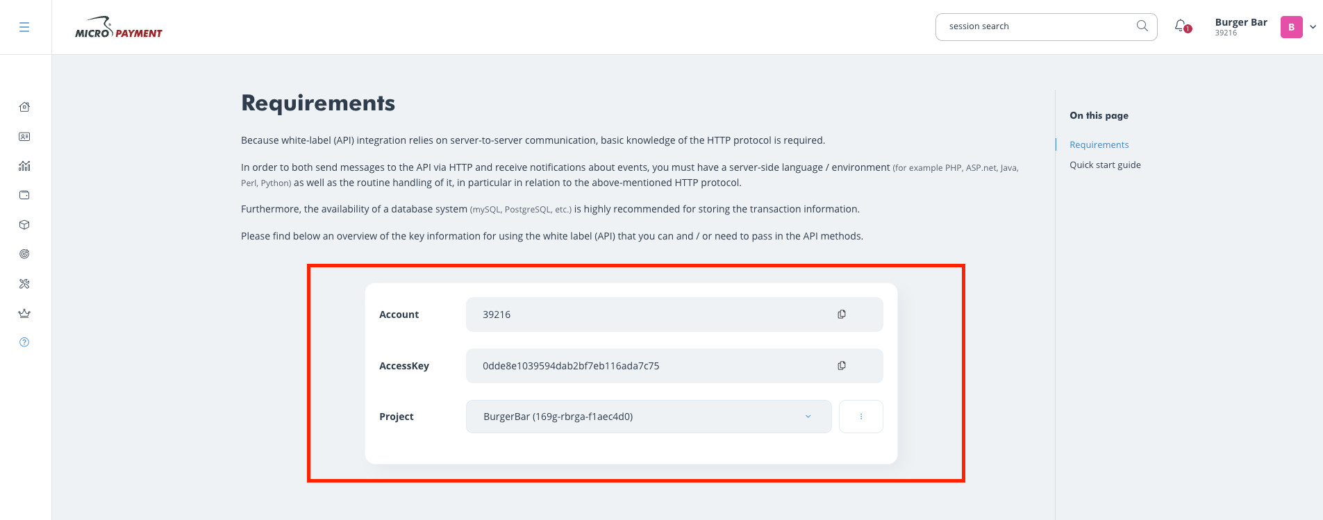 The Account, Access Key, and Project information can be found in the Requirements section of the Whitelabel API.