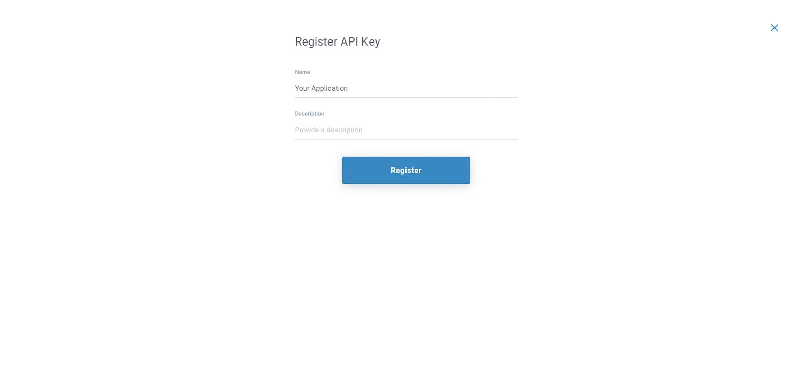 "Register API Key" modal open.