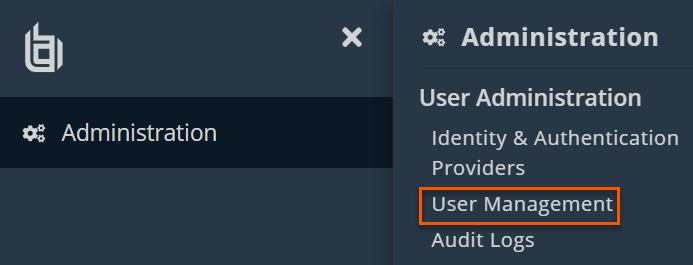 An image of an administration panel with a navigation menu. The menu includes options such as 'User Administration,' 'Identity & Authentication Providers,' 'User Management' (highlighted in orange), and 'Audit Logs