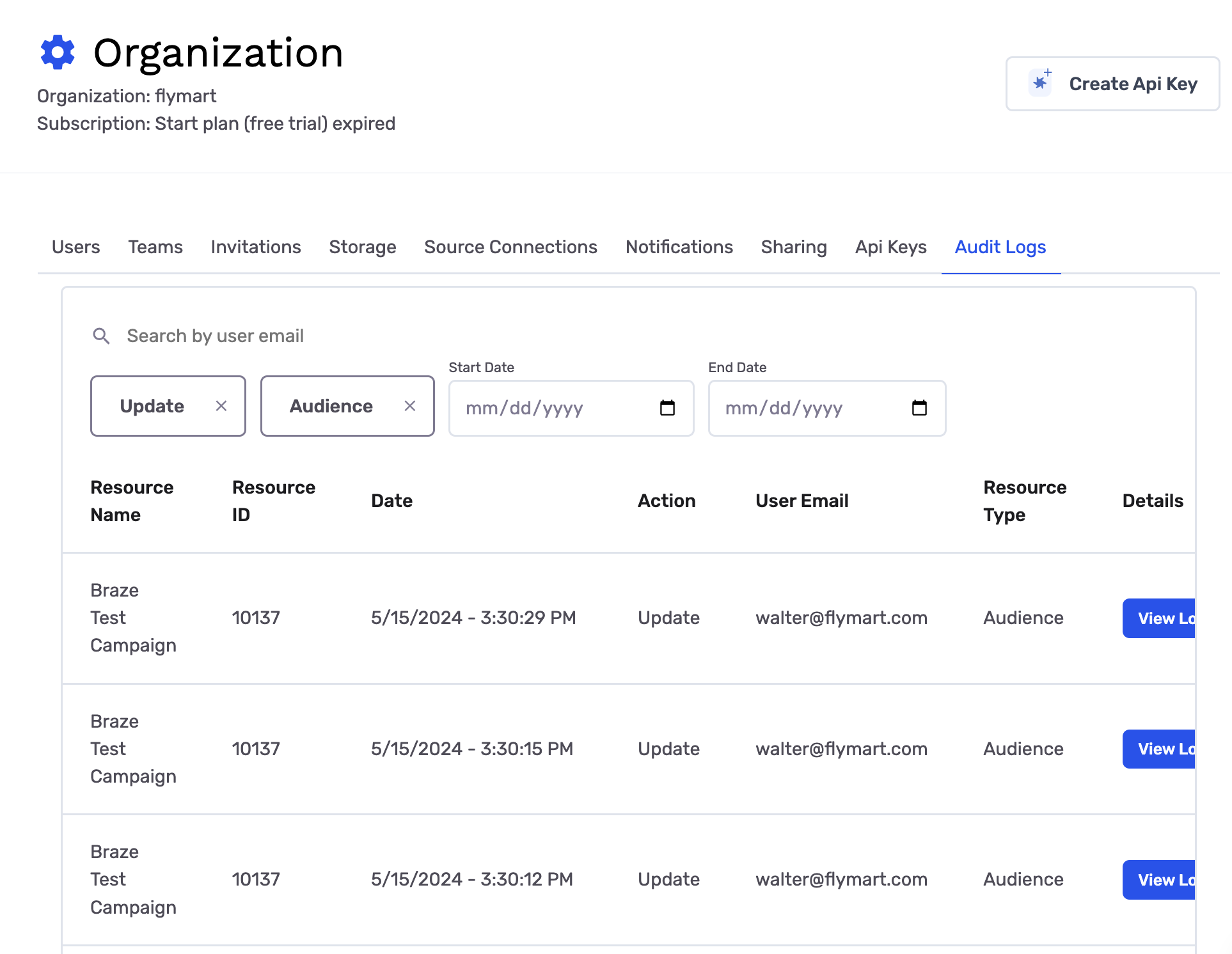 Audit log filters applied