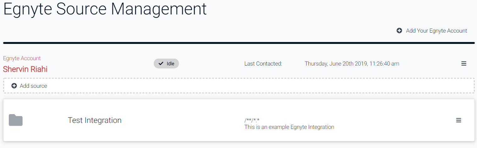 Returning to the Egnyte Source Management page, you will now see your integration and can make modifications via the hamburger menus on the right.