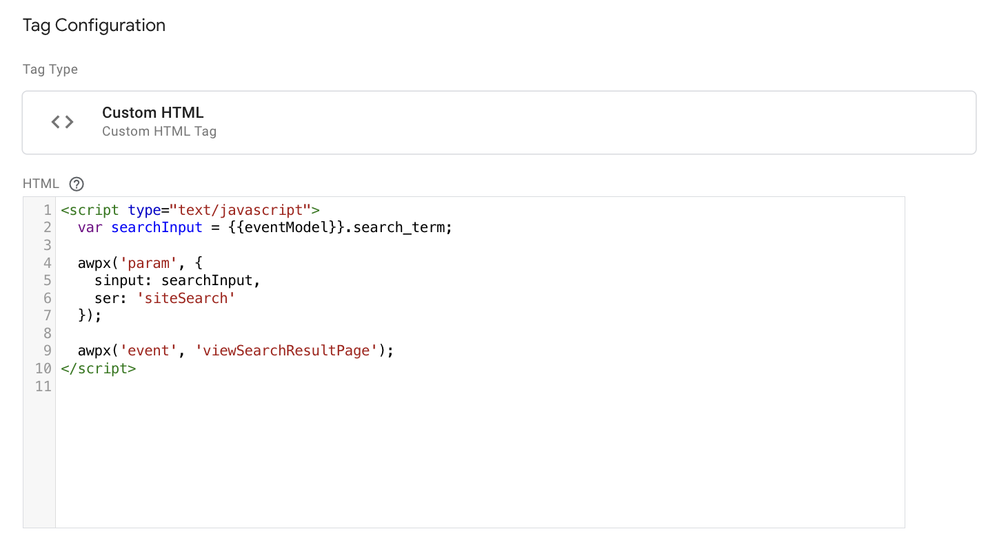 a sample implementation of viewSearchResultPage as a custom HTML on GTM