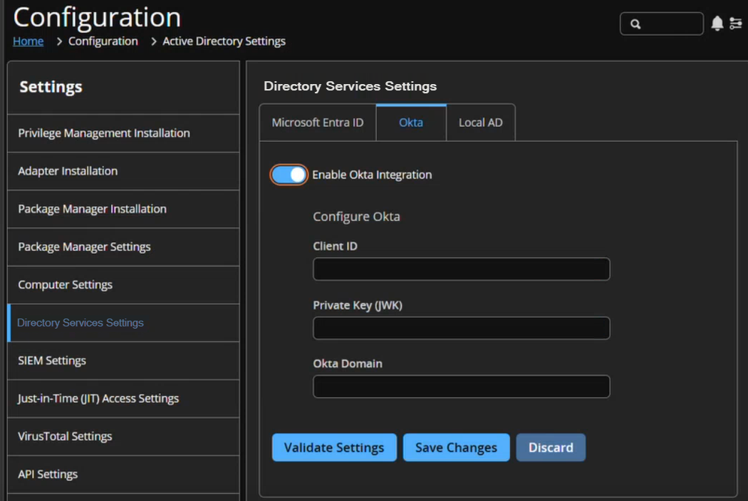Directory Services Settings page showing the Okta tab with fields for Client ID, Private Key, and Okta Domain.