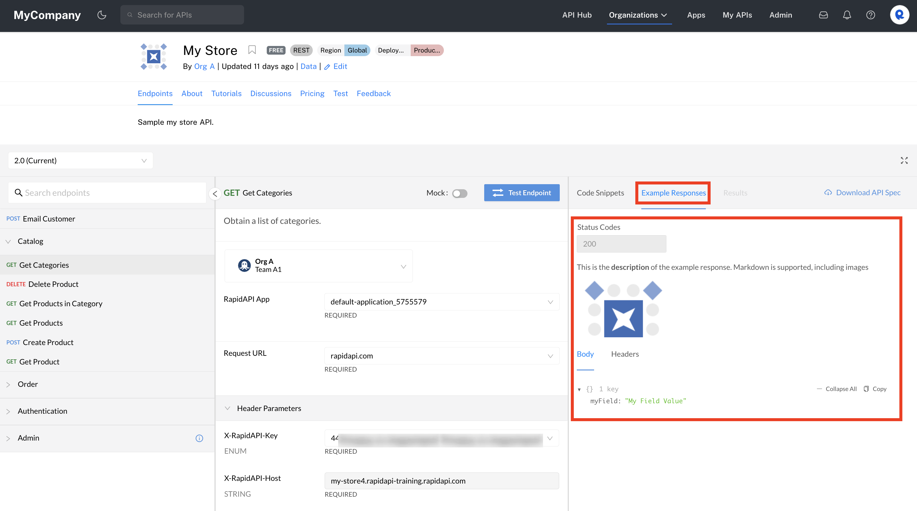 An API consumer viewing an example response for an endpoint.