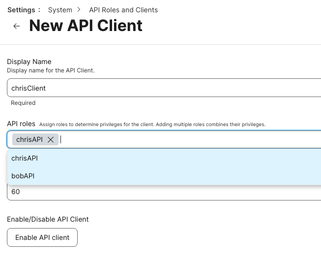 Create the API client with the role we created earlier and click 'Enable API client'. Then click on this client again to generate the secret.