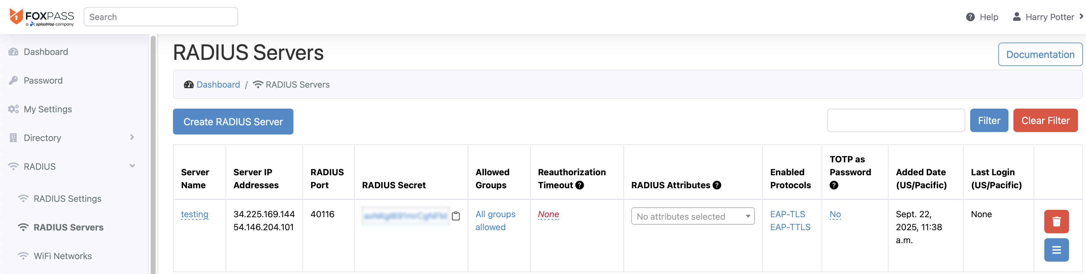 RADIUS server created successfully