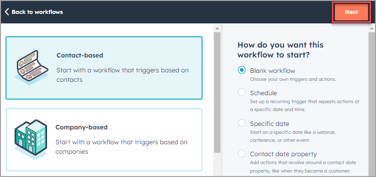 Screenshot of the workflow category selection screen