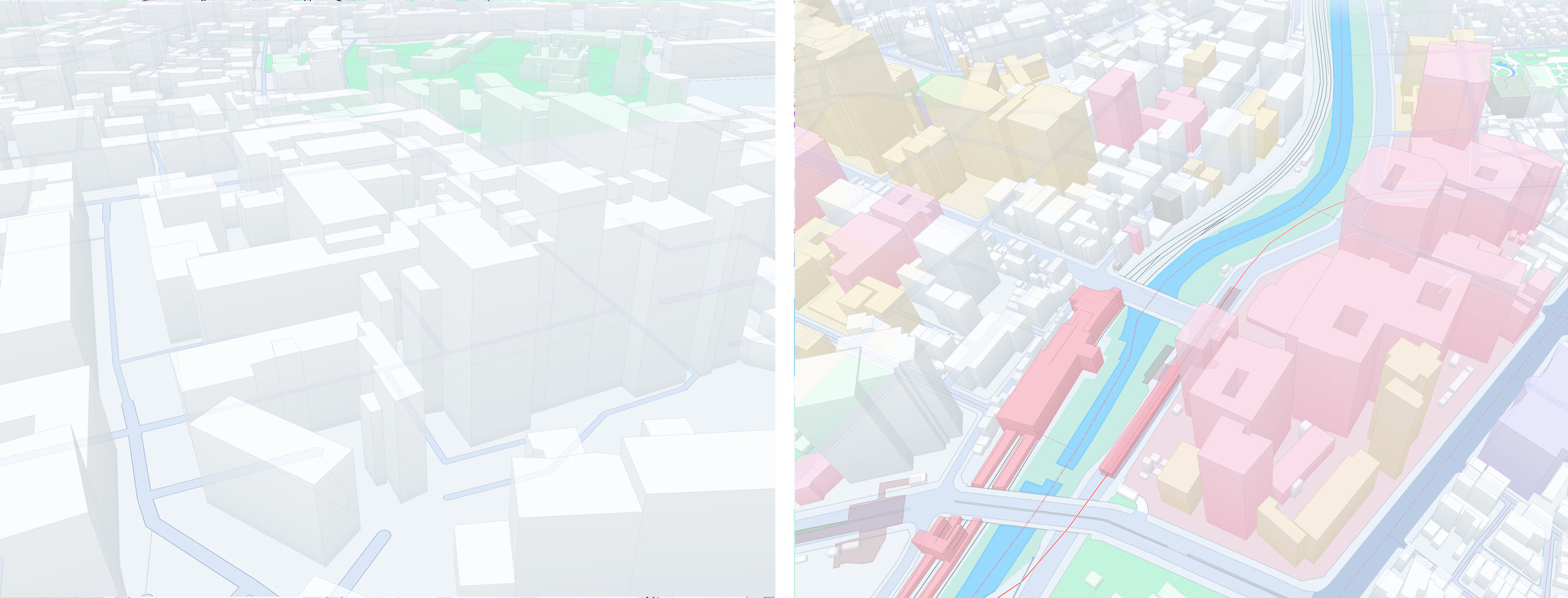 Screenshots (from left to right): Extruded buildings for a non-Japan region, extruded buildings for the Japan map.