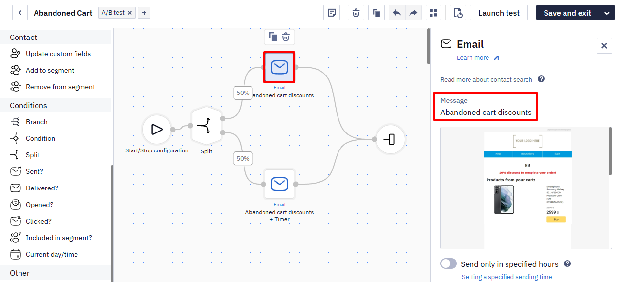 Workflow builder with a Split block branching 50/50 into an Abandoned cart discounts email and an Abandoned cart discounts + Timer email