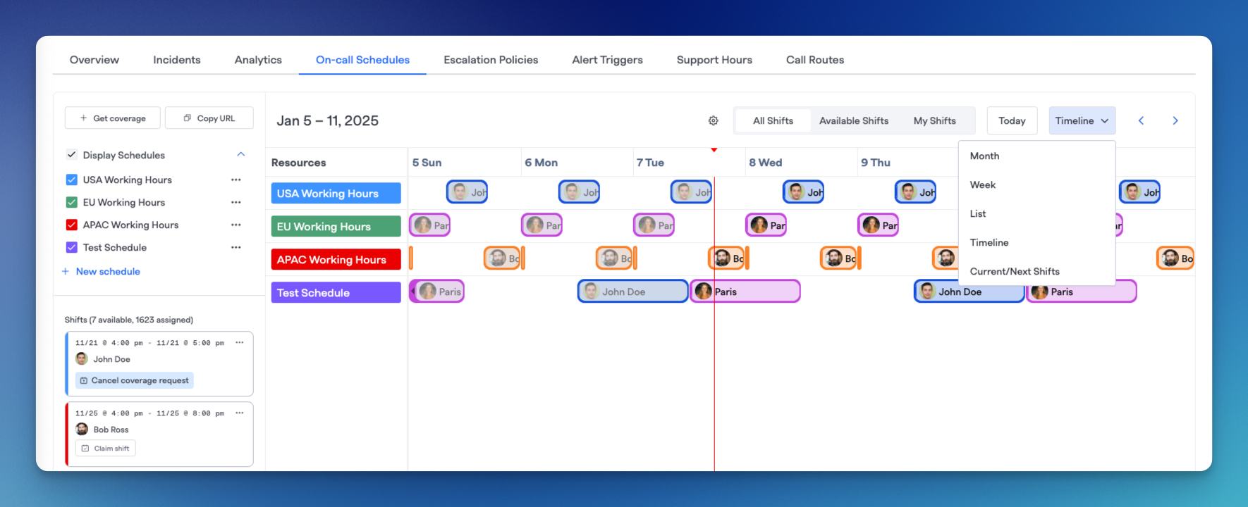 Timeline view of all shifts for a particular team