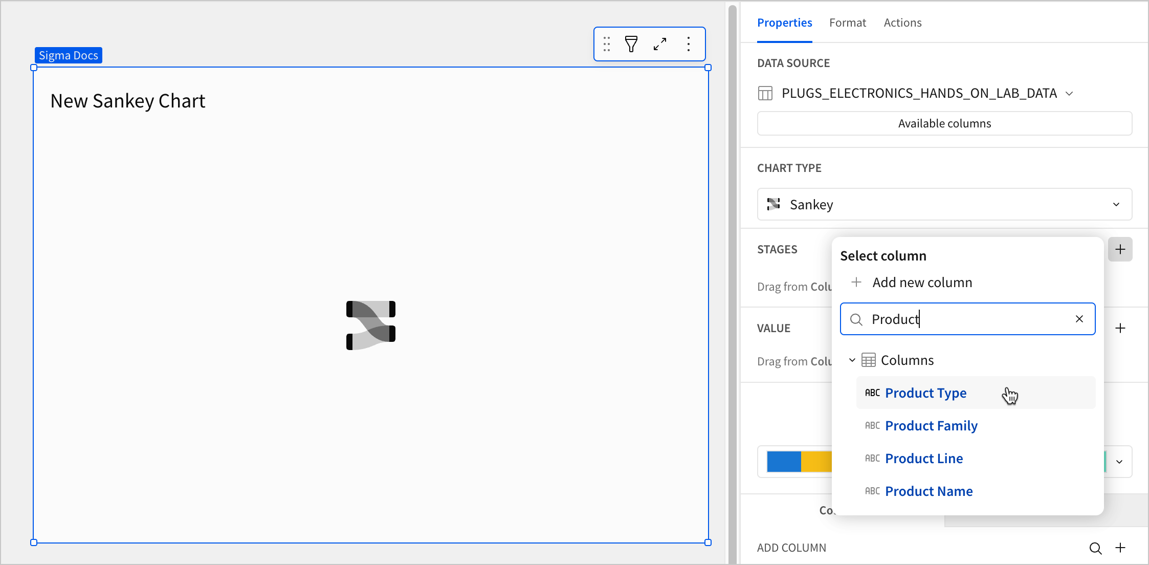 A workbook page with a blank Sankey chart titled New Sankey Chart, with the cursor hovering over a column named Product Type in the Select column popover, and the word Product entered in the search box.