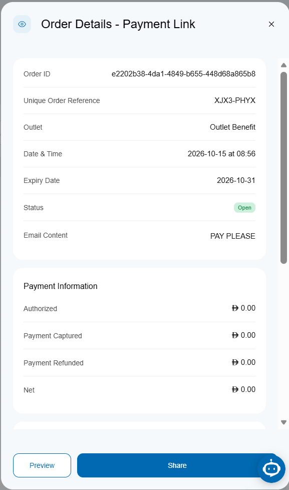Order page showing payment-link details