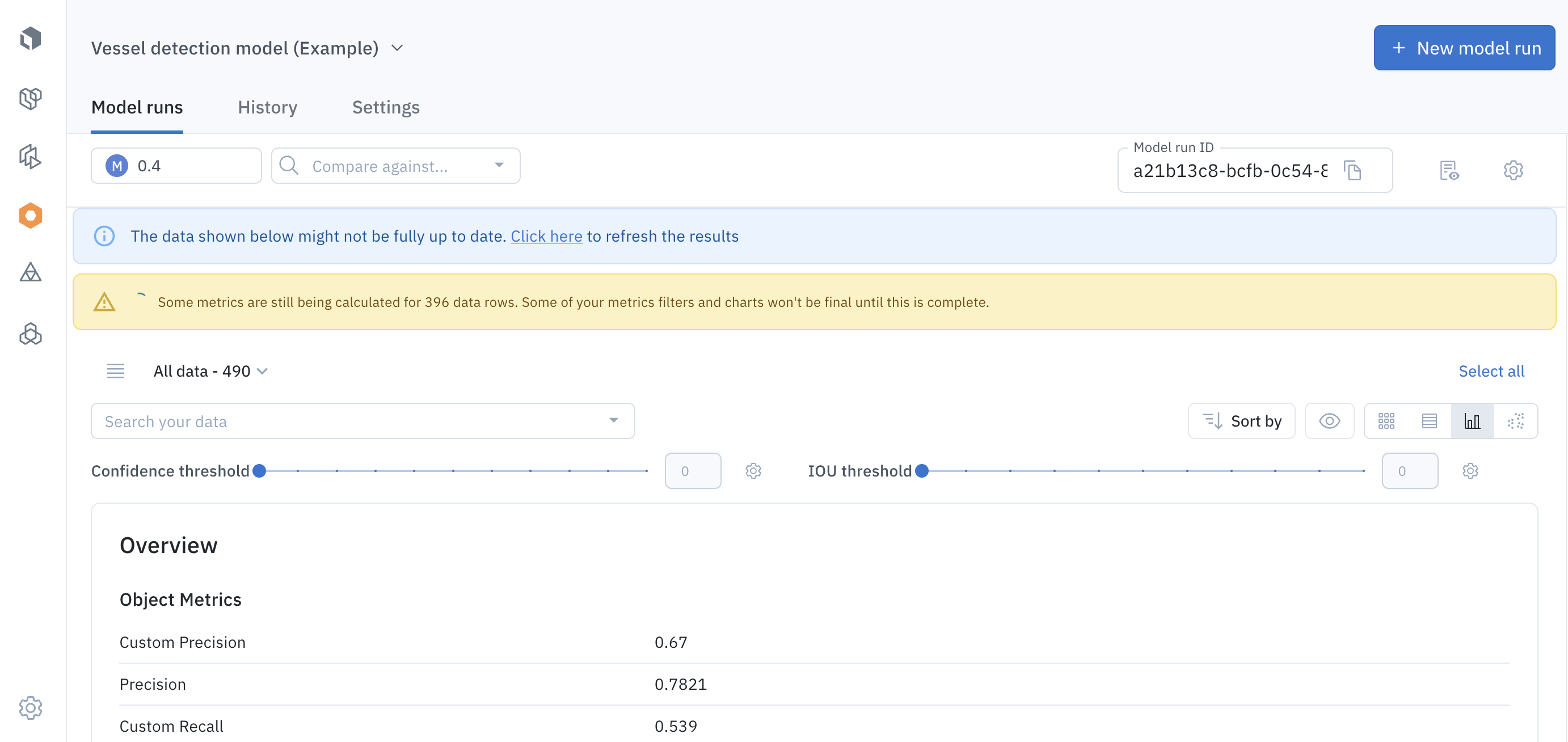 A notification banner will appear while Labelbox calculates metrics with an exact count of data rows remaining