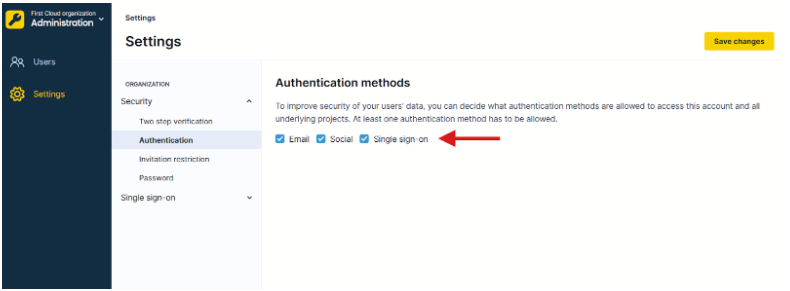 Bloomreach Authentication settings with Single sign-on checkbox highlighted.