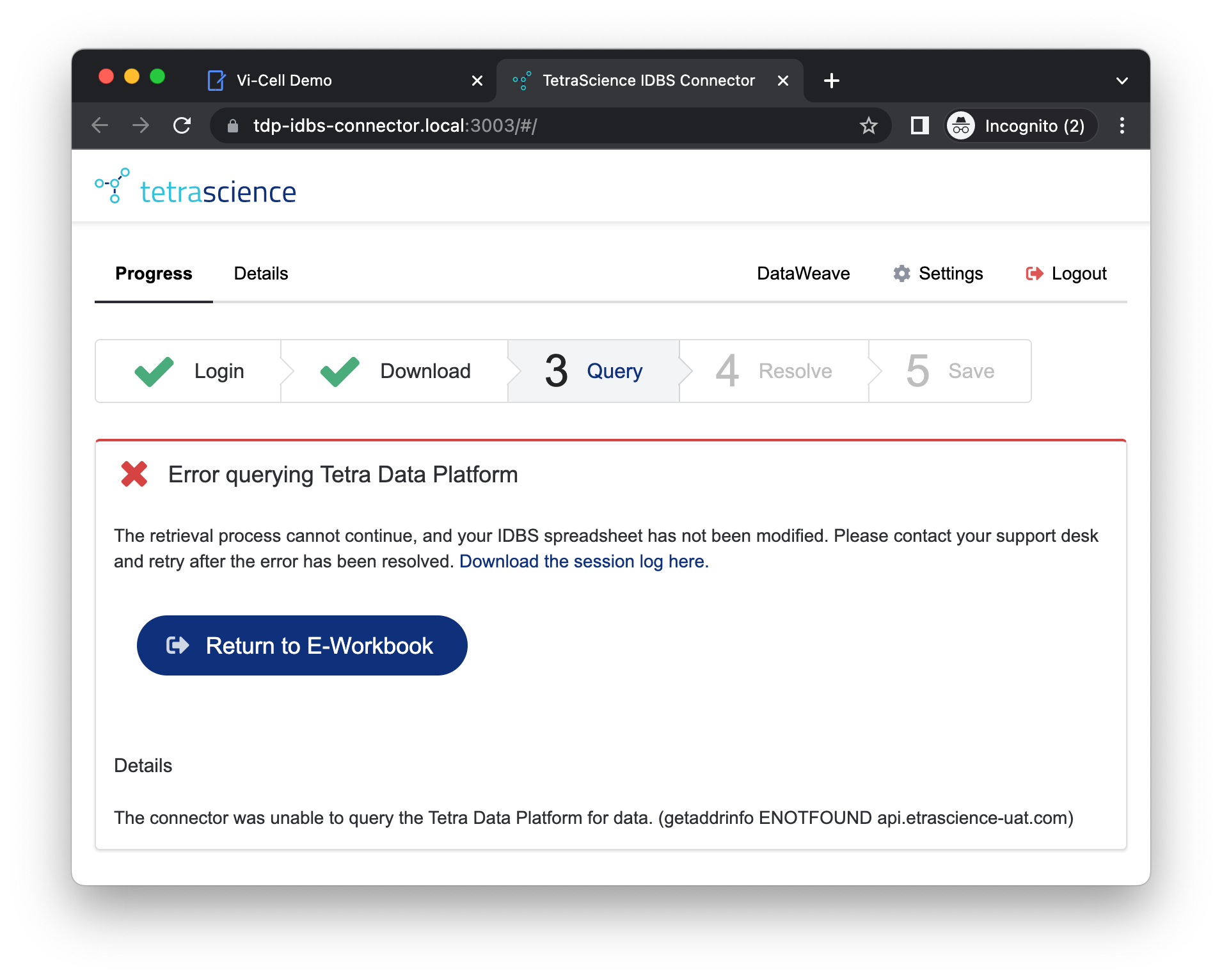 Figure 6. Incorrect TDP Settings, Error: getaddrinfo ENOTFOUND {hostname}