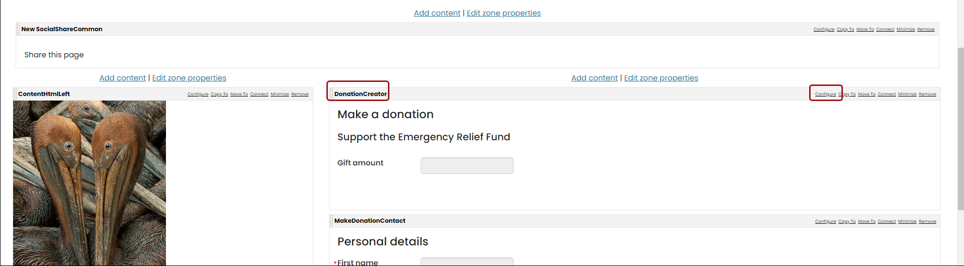 Selecting configure on the donation creator content item