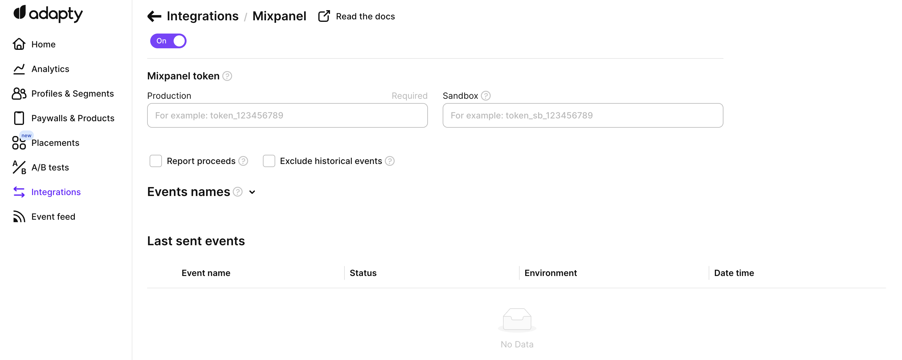 Mixpanel integration page in Adapty dashboard