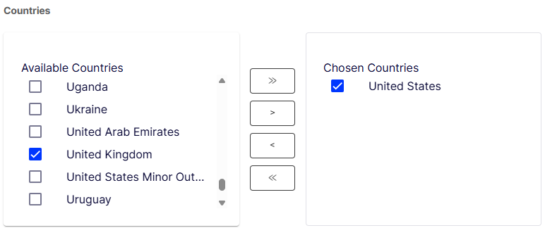 Countries section of the Create Market form with Available Countries and Chosen Countries panels and transfer buttons between them