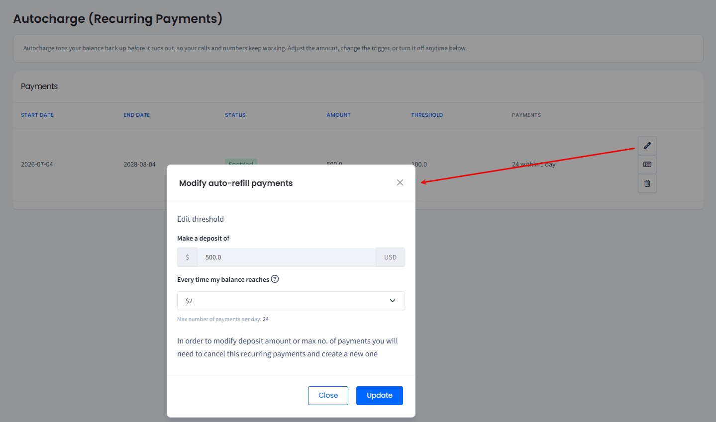 Screenshot of editing autocharge payments threshold