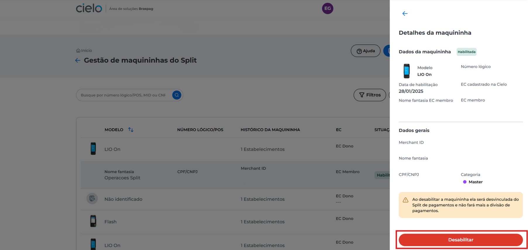 Tela de desabilitação do Split para a maquininha