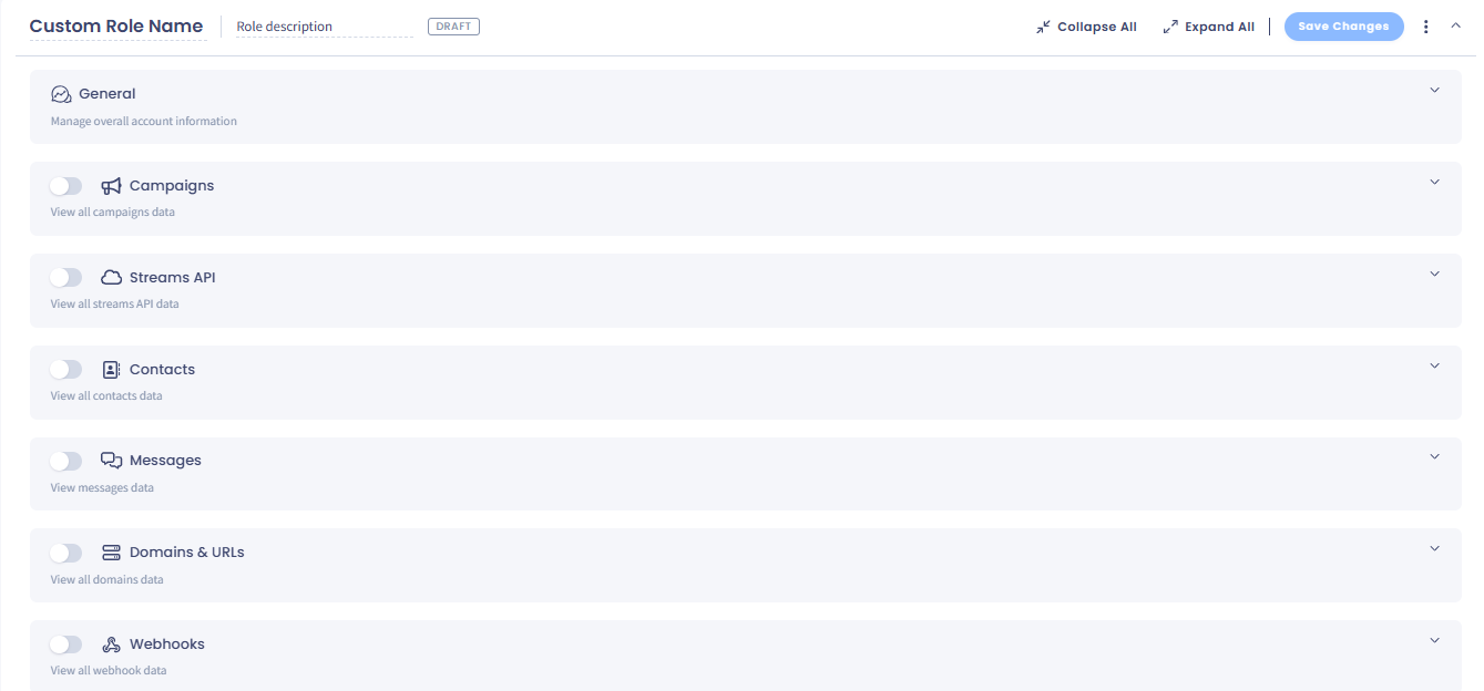 Screenshot of the fragment of the 'Role Permissions' page to define a new role the 'Custom Role Name' and 'Role description' input fields and the 'Collapse all', 'Expand All', and the 'Save Changes' button. The following categories with the toggle buttons set to 'disabled': 'General', Streams API', 'Contacts', 'Messages', 'Domains & URLs', 'Webhooks', and 'Settings'.