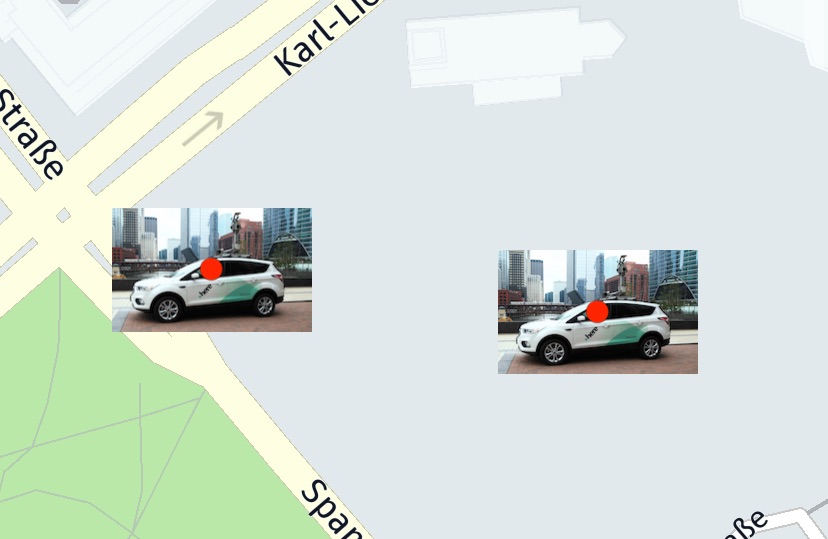 Screenshot: Showing randomly placed map images. The red map circle on top marks the location of the marker.