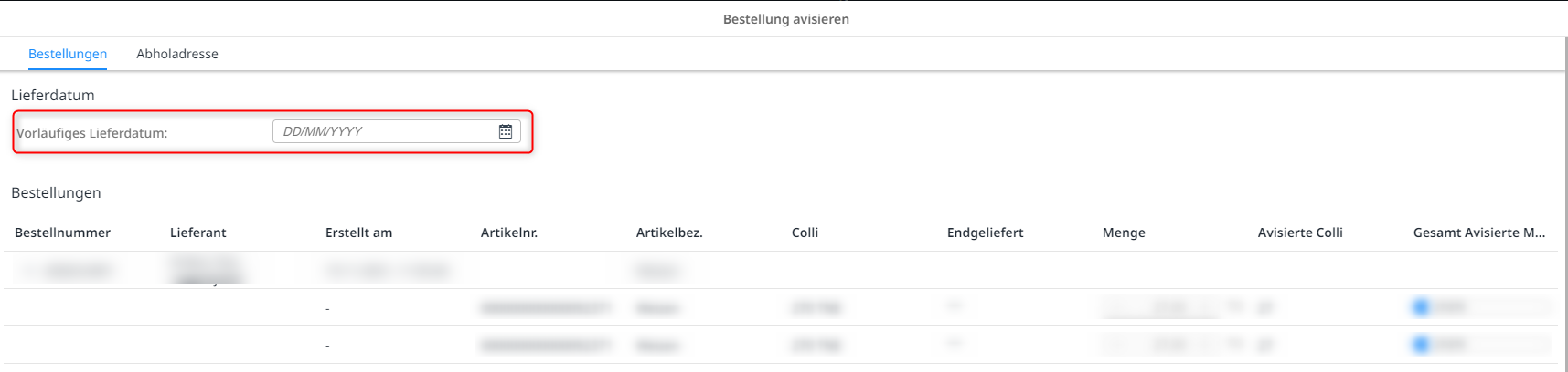 Ein vorläufiges Lieferdatum eintragen