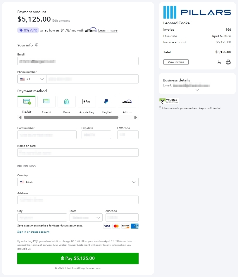 The QuickBooks UI to pay outstanding balances to Pillars.