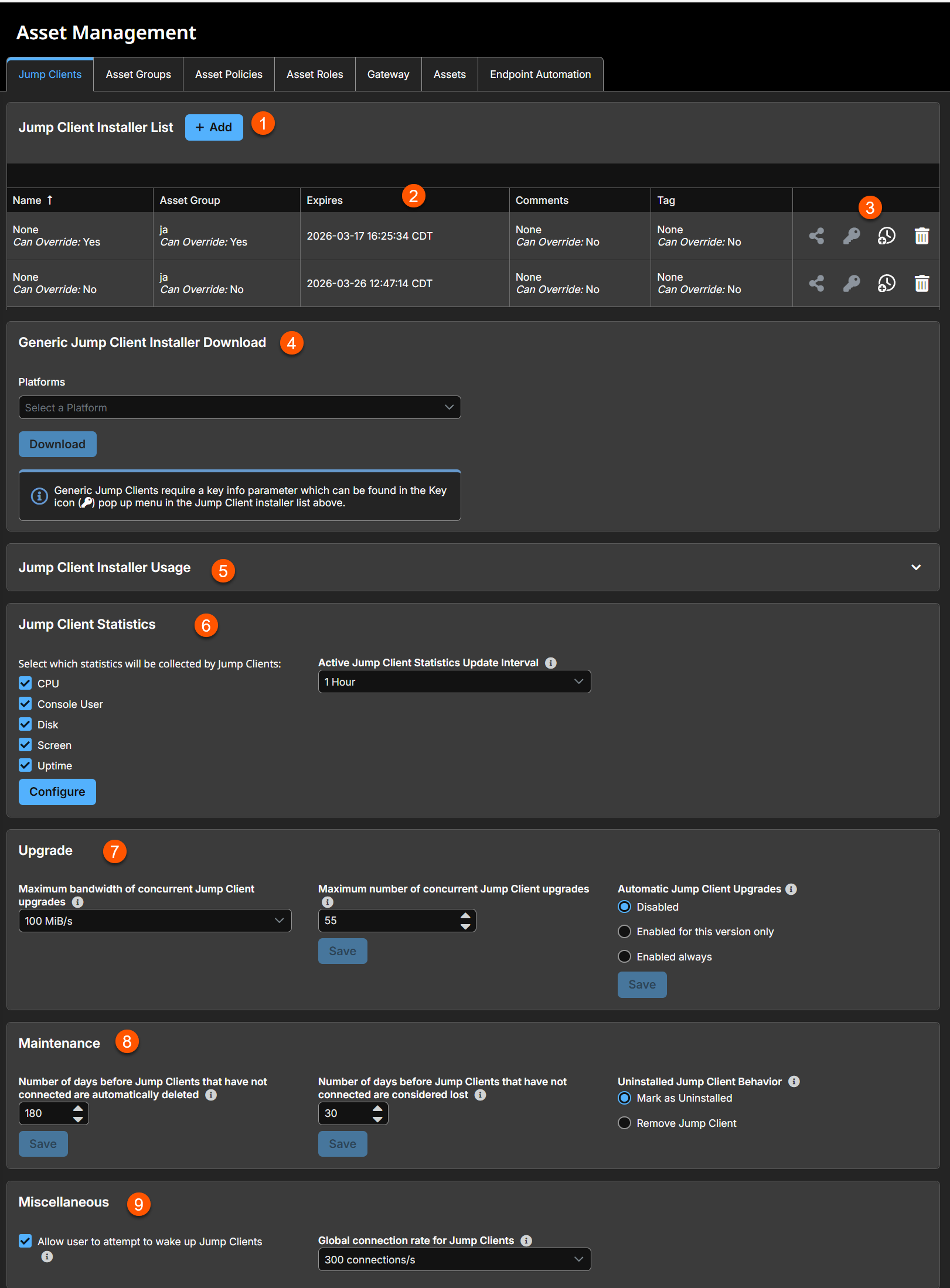 An image of the Jump Client Installer List interface in a remote access management software. The interface includes sections for adding and managing Jump Clients, downloading generic installers, configuring usage statistics, upgrading clients, maintaining inactive clients, and miscellaneous settings.