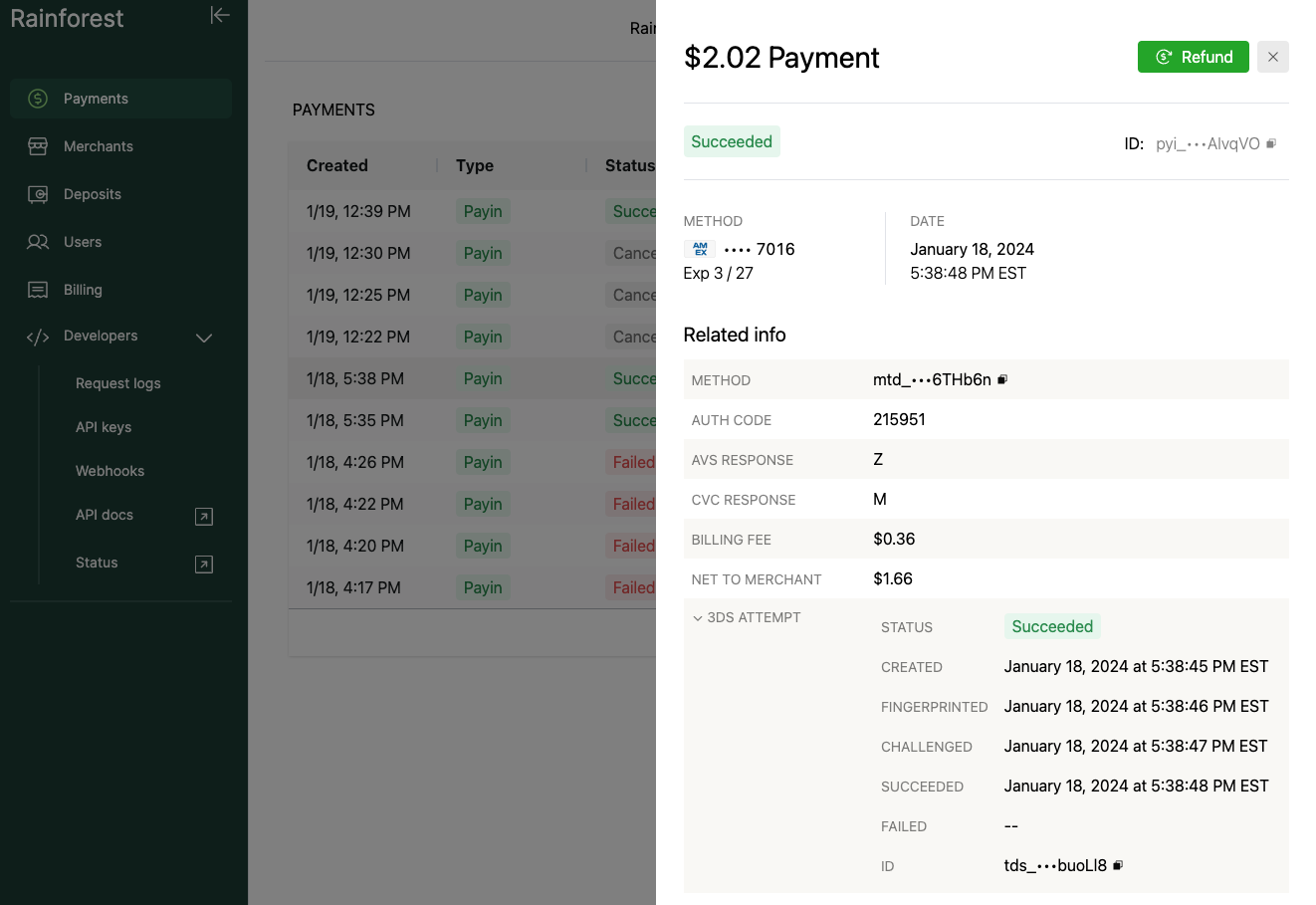 Rainforest Portal showing the details for a Payin with 3DS Attempt: Successful