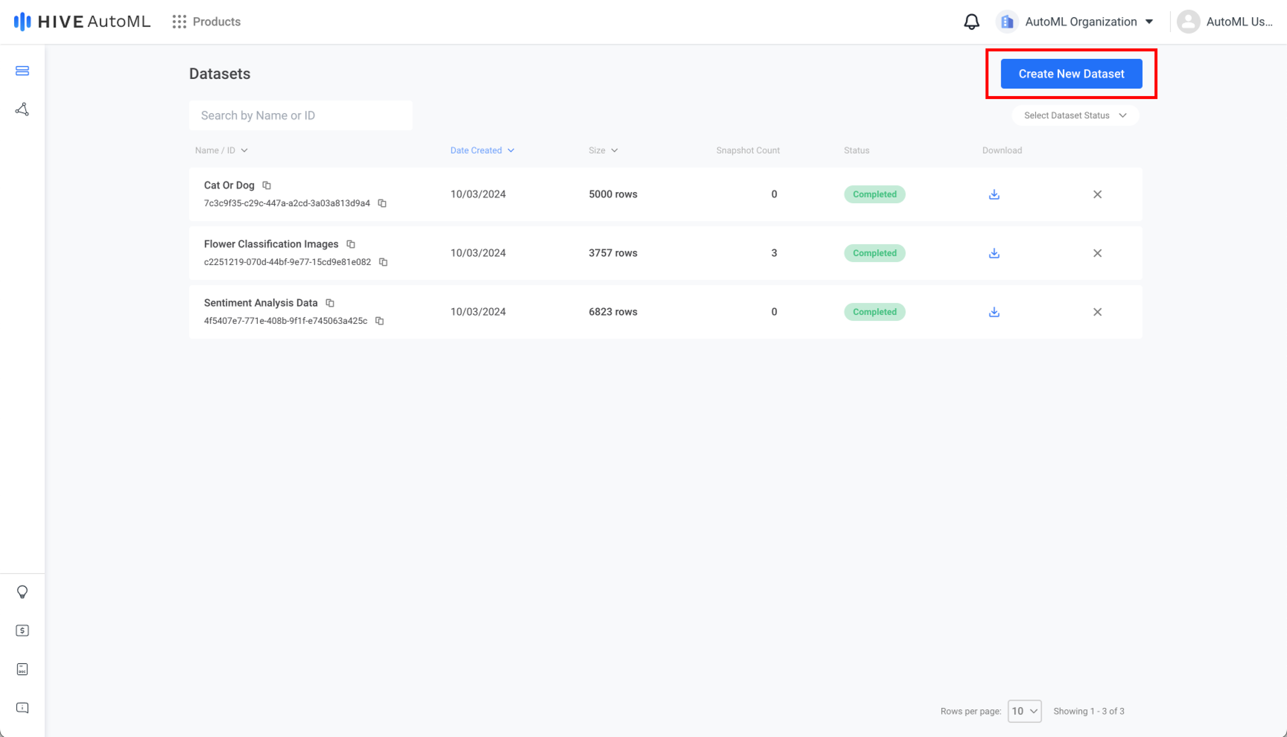 AutoML Dataset Page