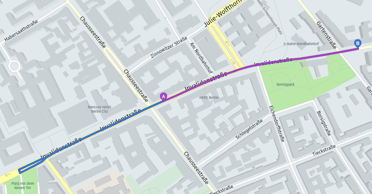 Route with course and minimum distance before direction change