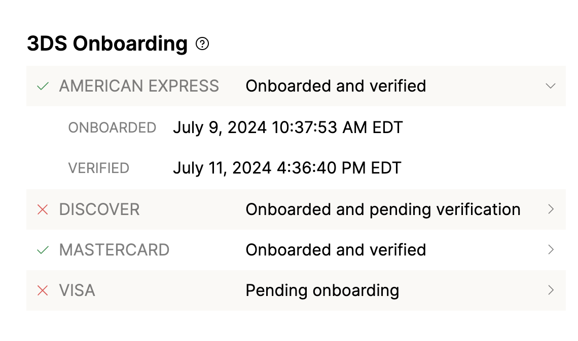 3DS onboarding details seen on the merchant details