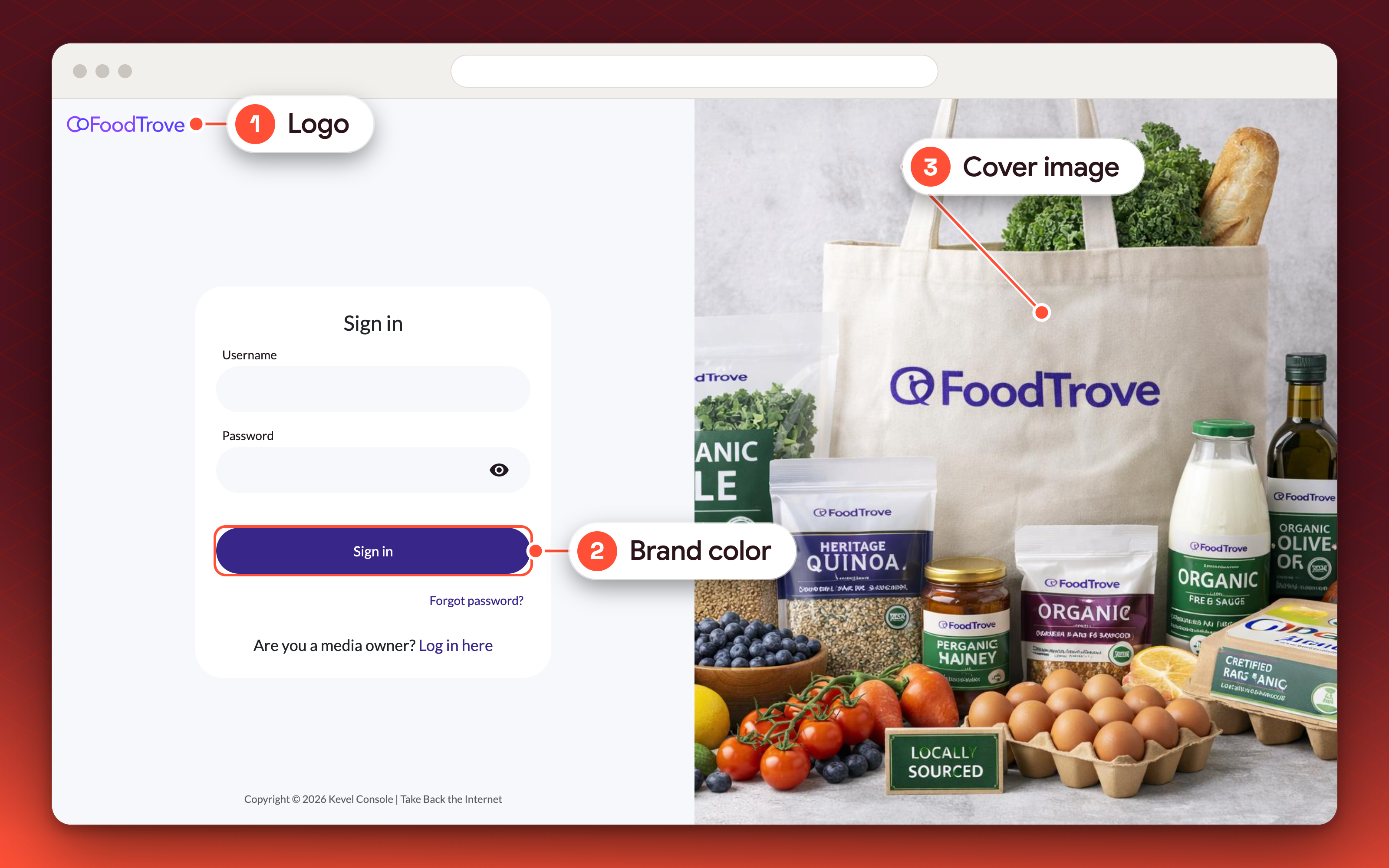 A branded Console sign-in page in a browser window, with numbered labels on the logo, brand color and cover image.
