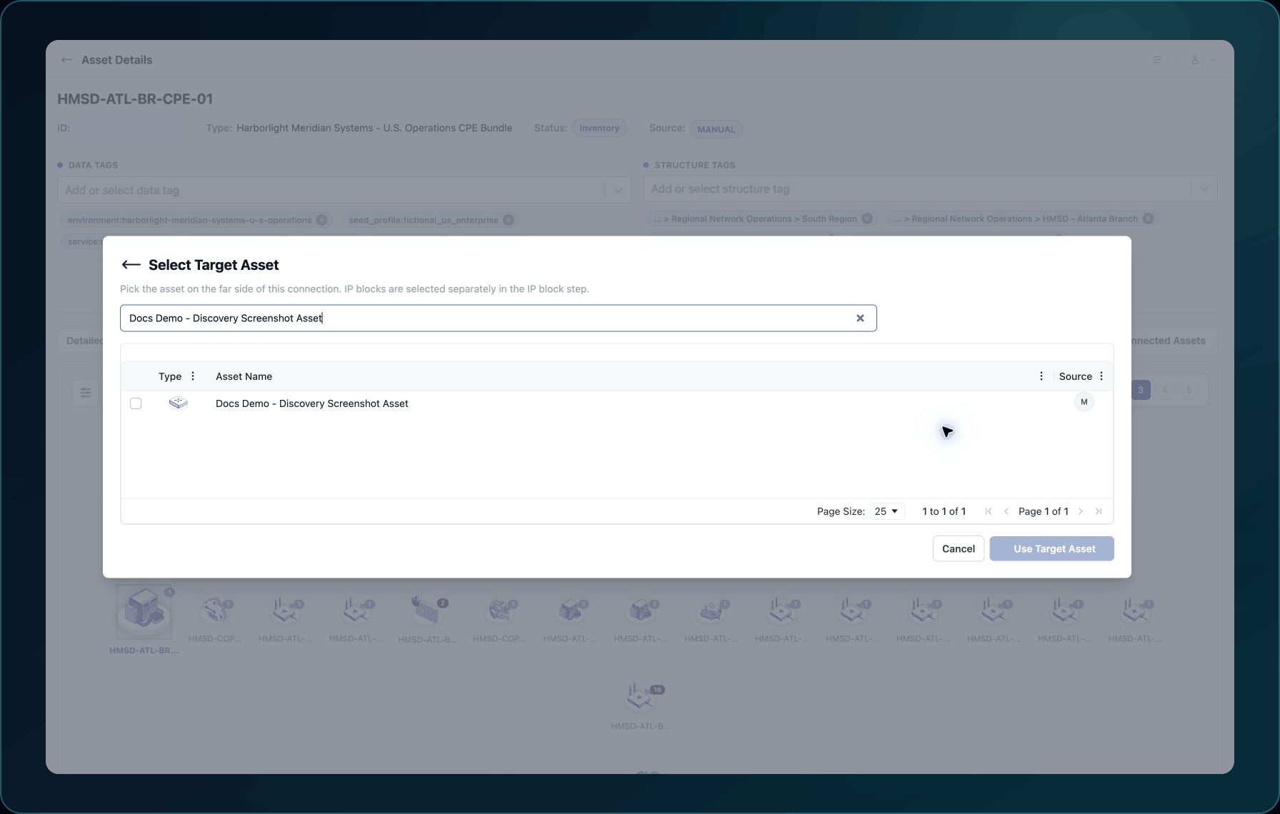 Add Connection target selector filtered to one eligible example Asset with its source indicated.
