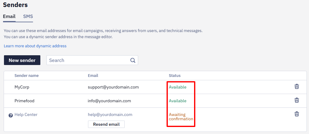 The sender's status