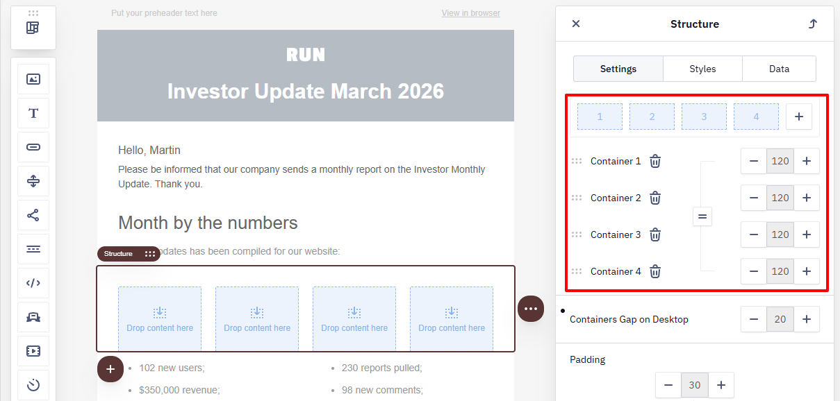 Adjusting container settings