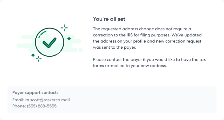 Image showing example of the recipient view of a recipient requested address change not needing a correction