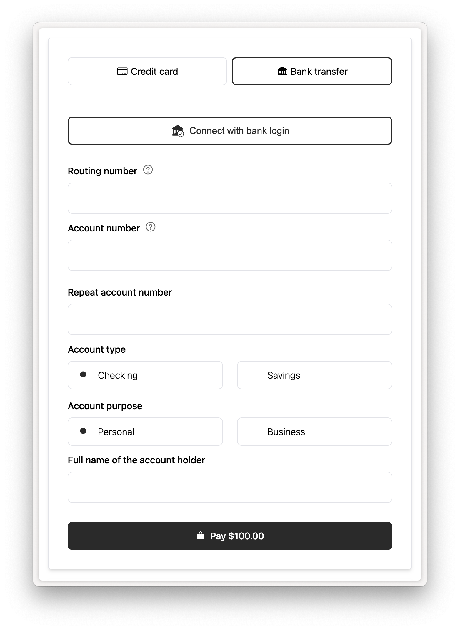Rainforest Payment Component with a "Connect with bank login" button to initiate the Validated ACH (Plaid) payment flow